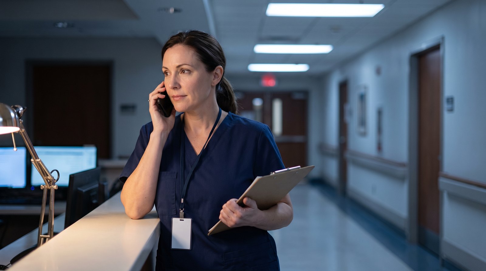 A nurse at the nurses' station calling the on-call provider