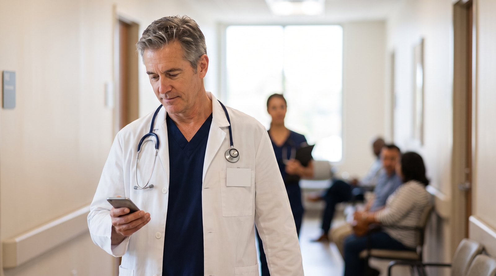A physician in a clinic corridor checking a message on his phone